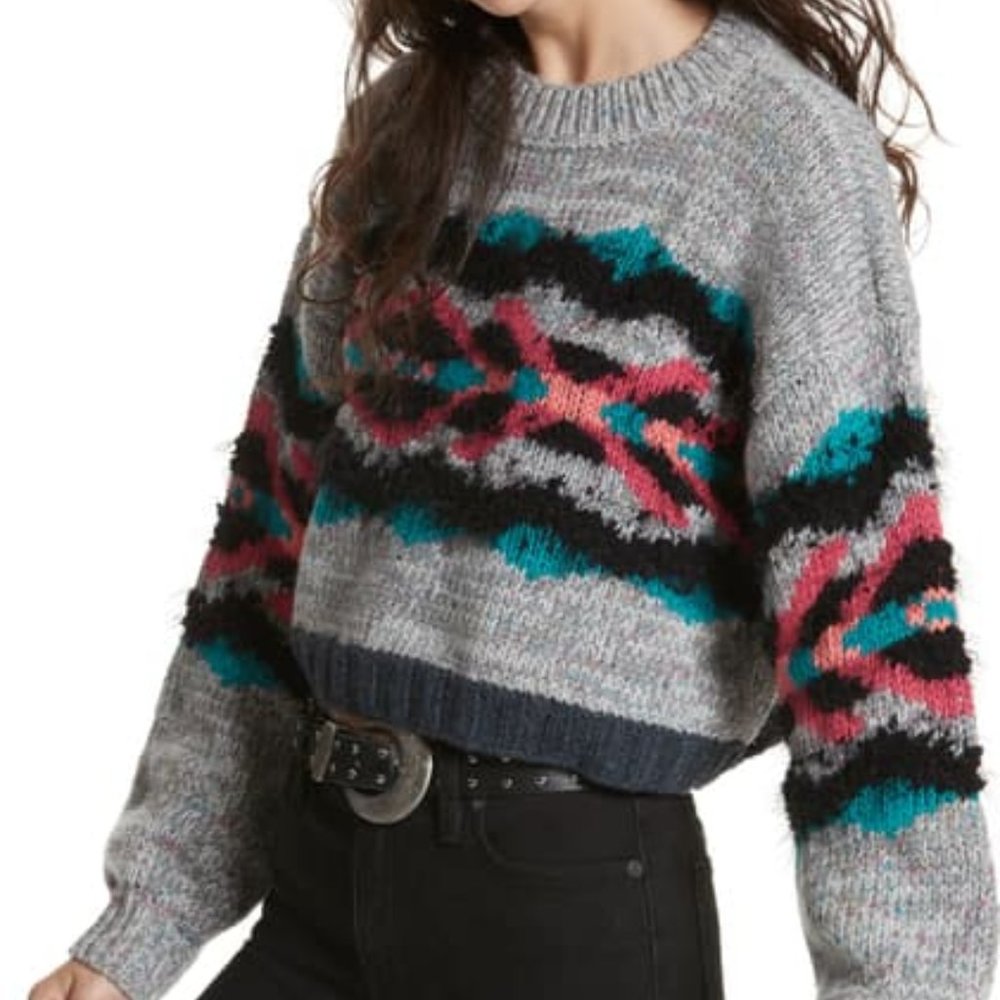 Free People Multicolor Gray Crewneck Sweater with Teal & Pink Accents